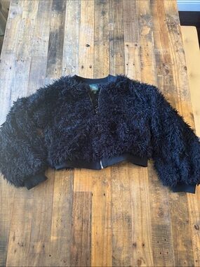 wild fable Black Fuzzy Cropped Bomber Jacket